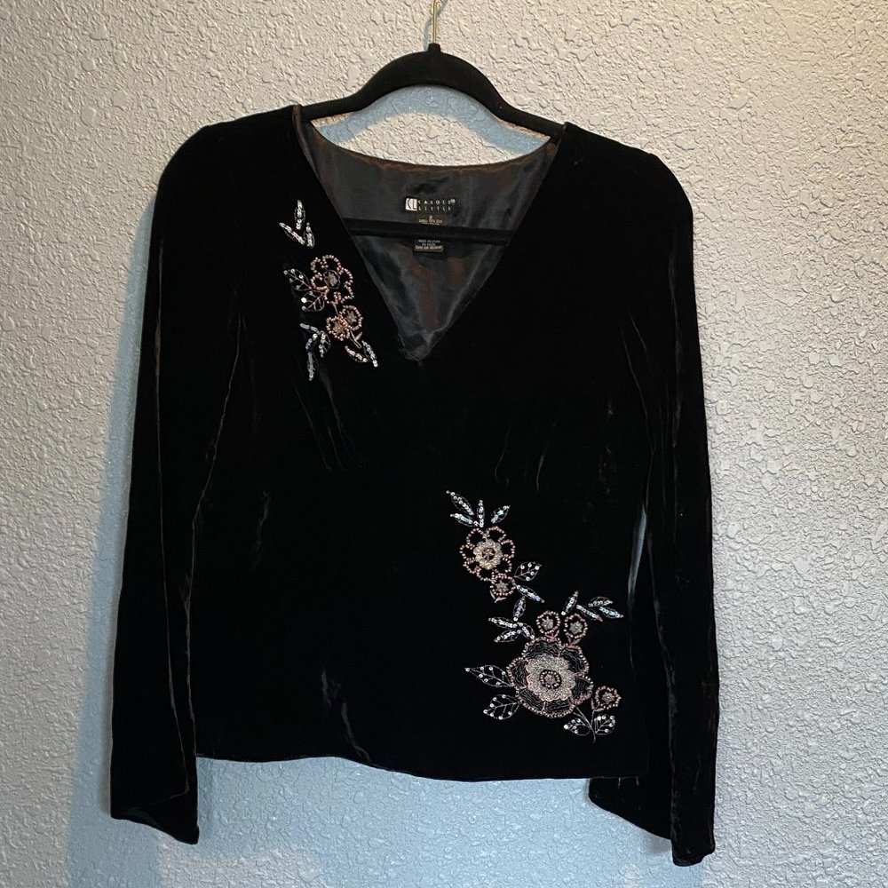 Carole Little Size Small Black Velvet Long Sleeve Beaded Cottagecore Vintage Top